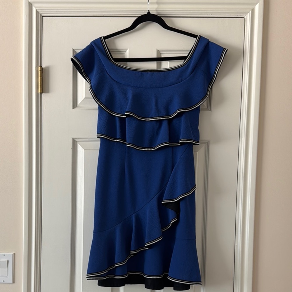Rebecca Vallance Blue Asymmetrical Ruffled Cocktail Dress